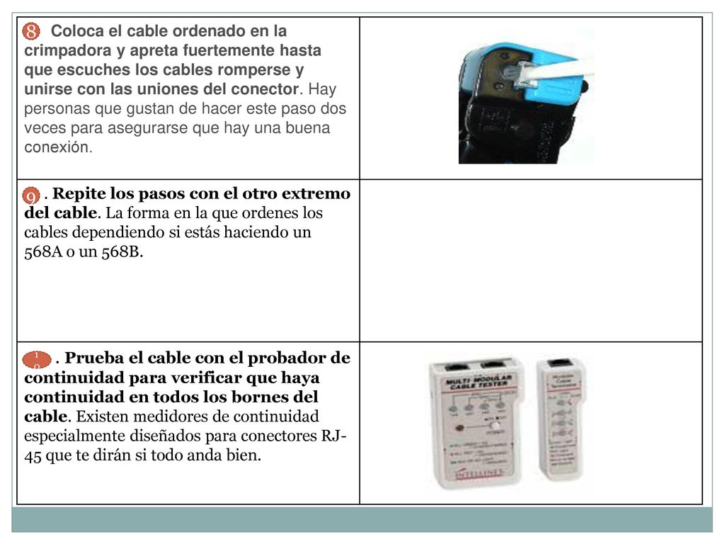 . Coloca el cable ordenado en la crimpadora y apreta fuertemente hasta que escuches los cables romperse y unirse con las uniones del conector. Hay personas que gustan de hacer este paso dos veces para asegurarse que hay una buena conexión.