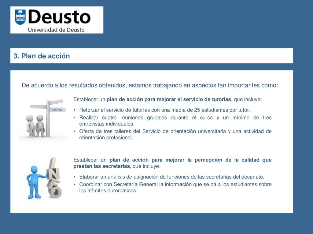 3. Plan de acción De acuerdo a los resultados obtenidos, estamos trabajando en aspectos tan importantes como: