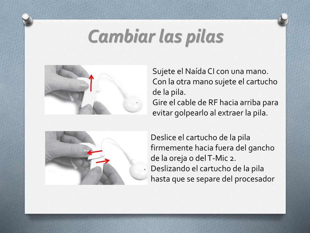 Cambiar las pilas Sujete el Naída CI con una mano.