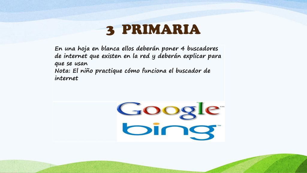 3 PRIMARIA En una hoja en blanca ellos deberán poner 4 buscadores de internet que existen en la red y deberán explicar para que se usan.