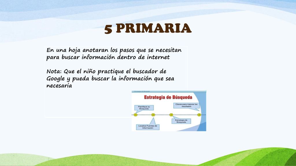 5 PRIMARIA En una hoja anotaran los pasos que se necesitan para buscar información dentro de internet.