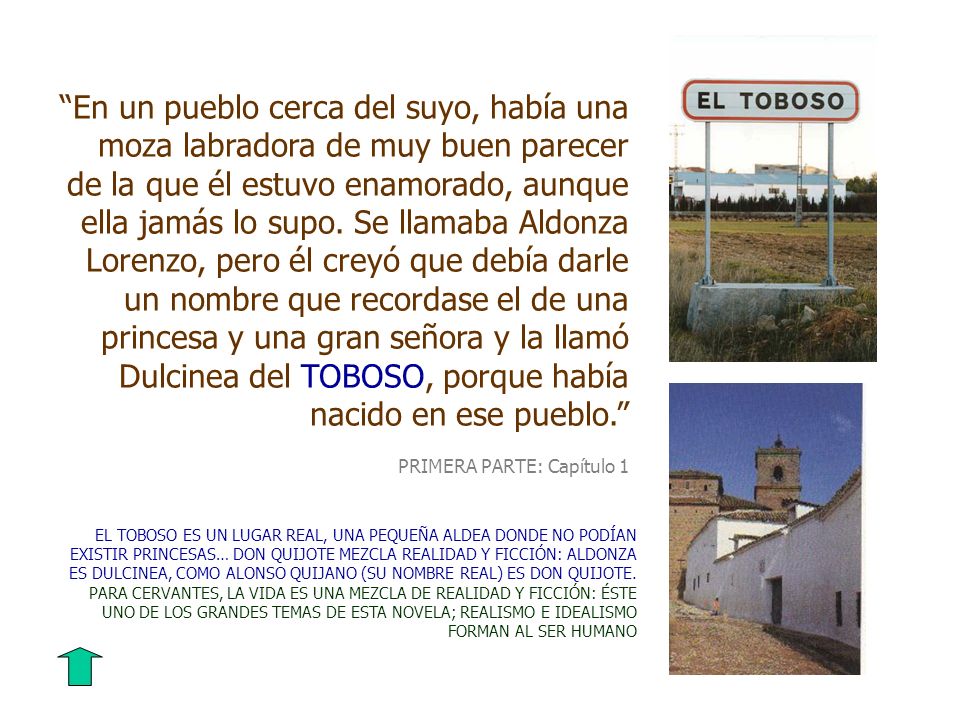 En un pueblo cerca del suyo, había una moza labradora de muy buen parecer de la que él estuvo enamorado, aunque ella jamás lo supo. Se llamaba Aldonza Lorenzo, pero él creyó que debía darle un nombre que recordase el de una princesa y una gran señora y la llamó Dulcinea del TOBOSO, porque había nacido en ese pueblo.