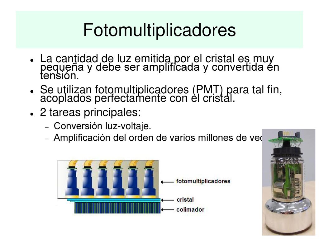Fotomultiplicadores La cantidad de luz emitida por el cristal es muy pequeña y debe ser amplificada y convertida en tensión.