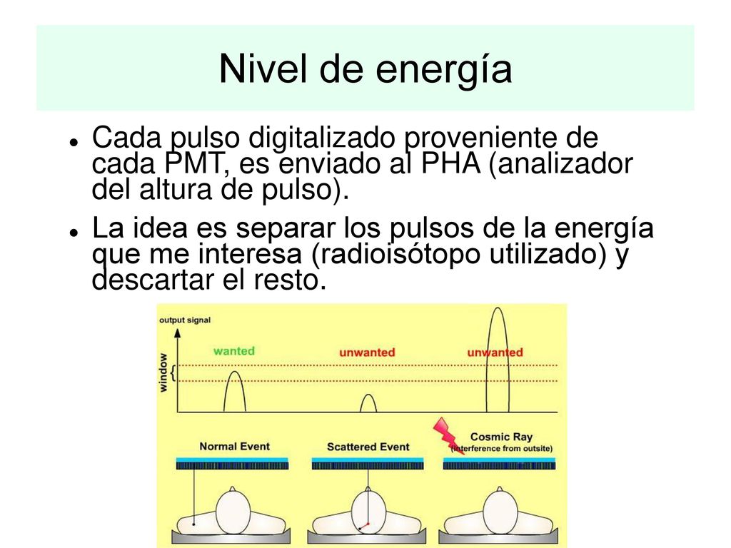 Nivel de energía Cada pulso digitalizado proveniente de cada PMT, es enviado al PHA (analizador del altura de pulso).