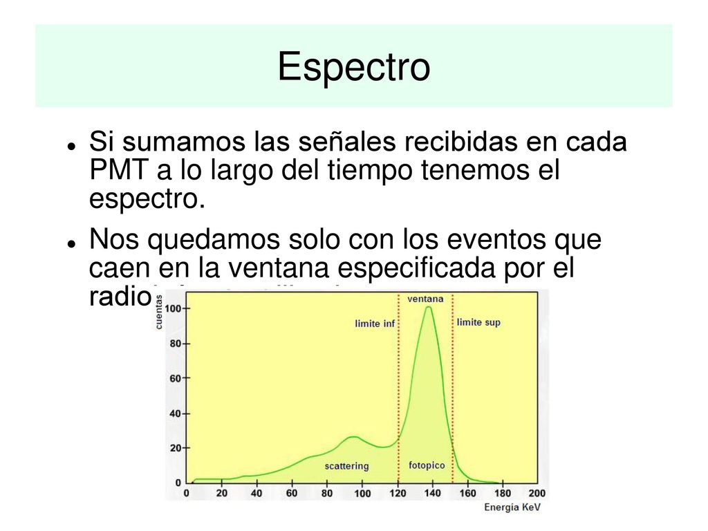 Espectro Si sumamos las señales recibidas en cada PMT a lo largo del tiempo tenemos el espectro.