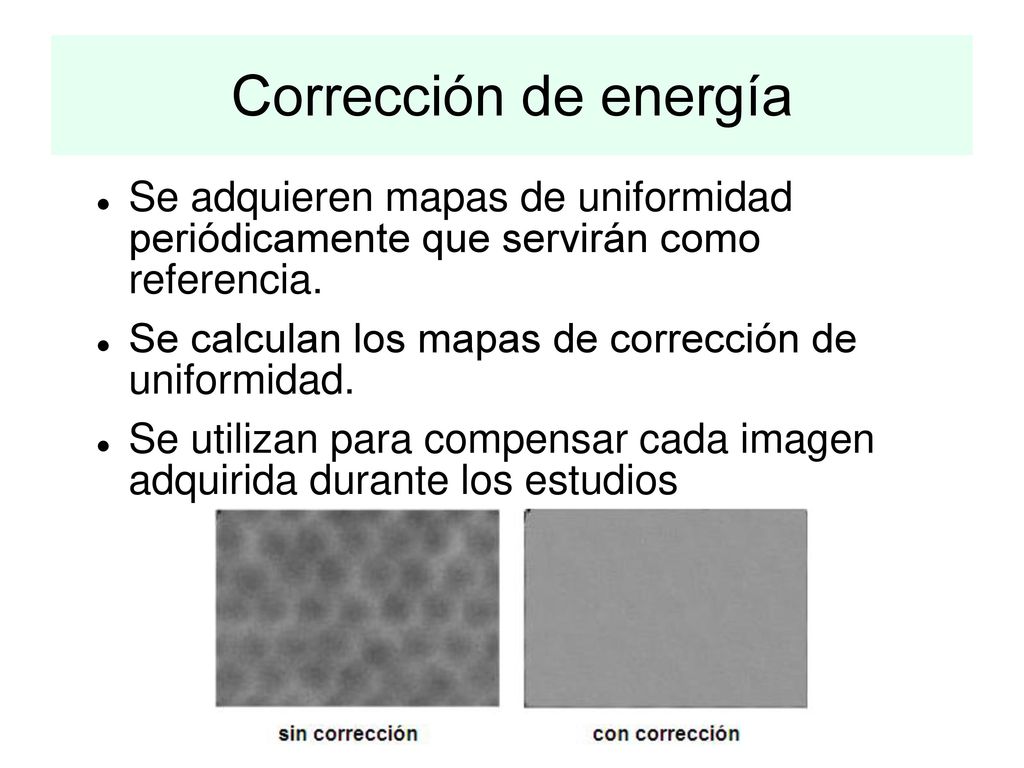Corrección de energía Se adquieren mapas de uniformidad periódicamente que servirán como referencia.