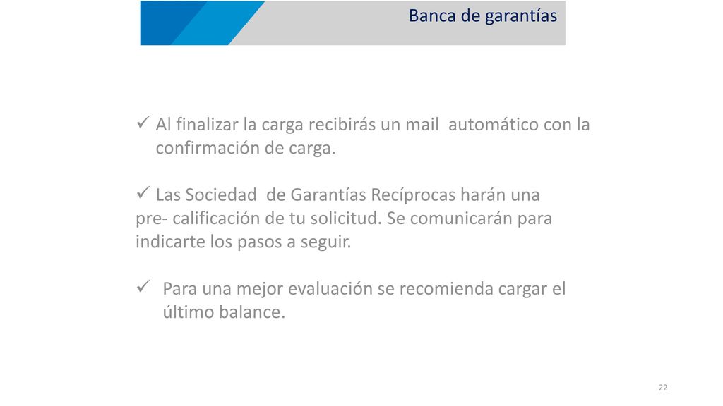Banca de garantías Al finalizar la carga recibirás un mail automático con la confirmación de carga.