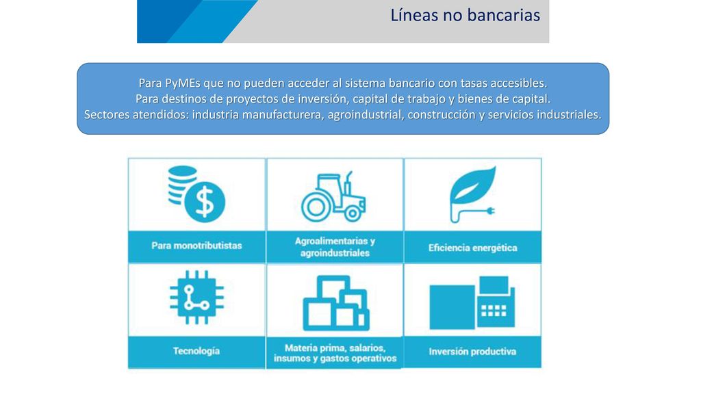 Líneas no bancarias Para PyMEs que no pueden acceder al sistema bancario con tasas accesibles.