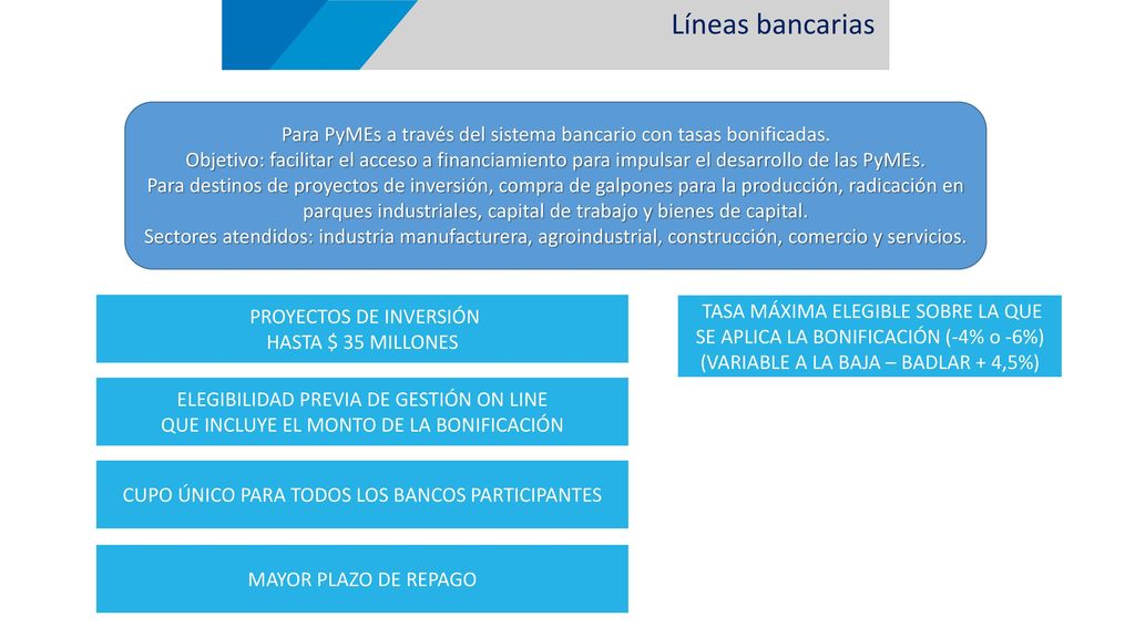 Líneas bancarias Para PyMEs a través del sistema bancario con tasas bonificadas.