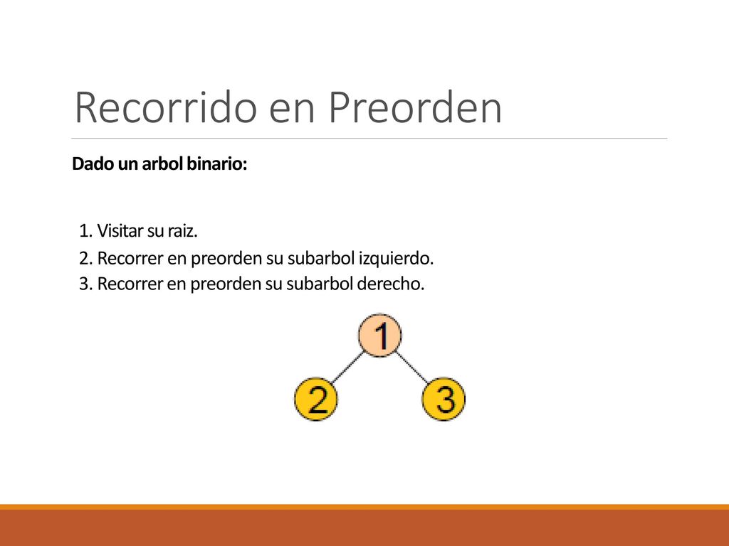Recorrido en Preorden Dado un arbol binario: Visitar su raiz.