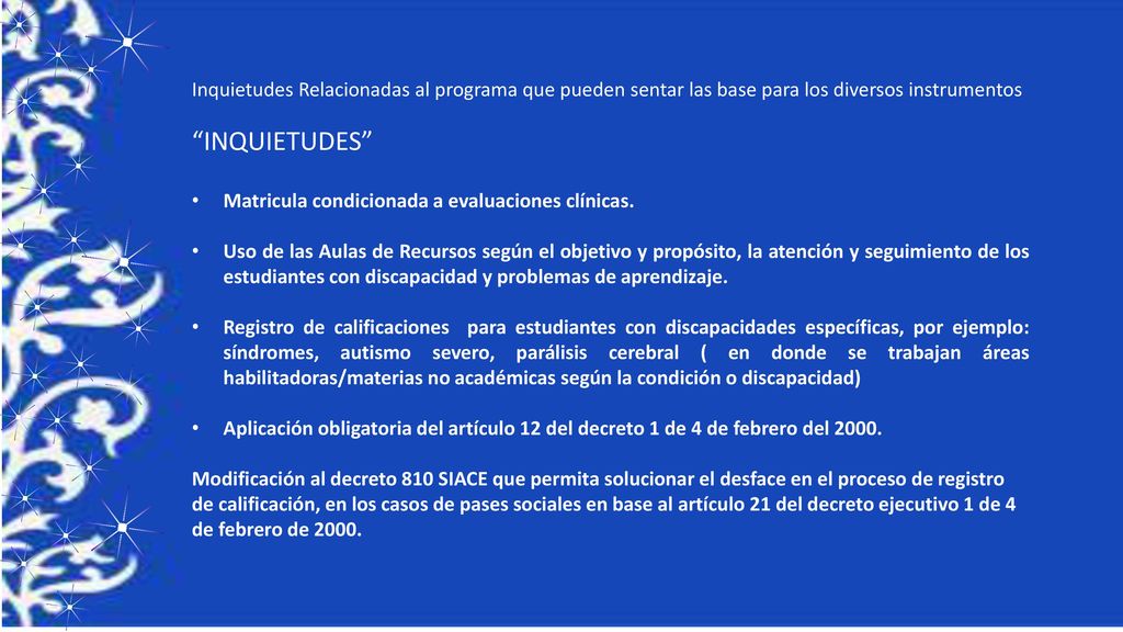 Inquietudes Relacionadas al programa que pueden sentar las base para los diversos instrumentos