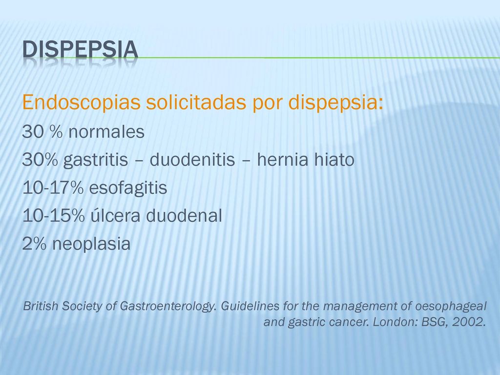 dispepsia Endoscopias solicitadas por dispepsia: 30 % normales