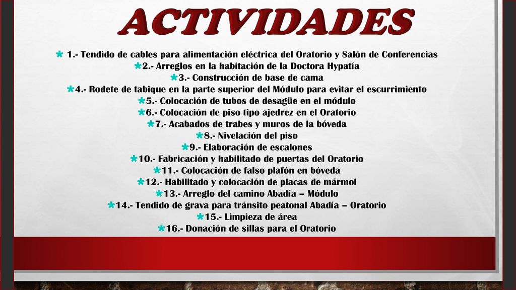 Actividades 1.- Tendido de cables para alimentación eléctrica del Oratorio y Salón de Conferencias.