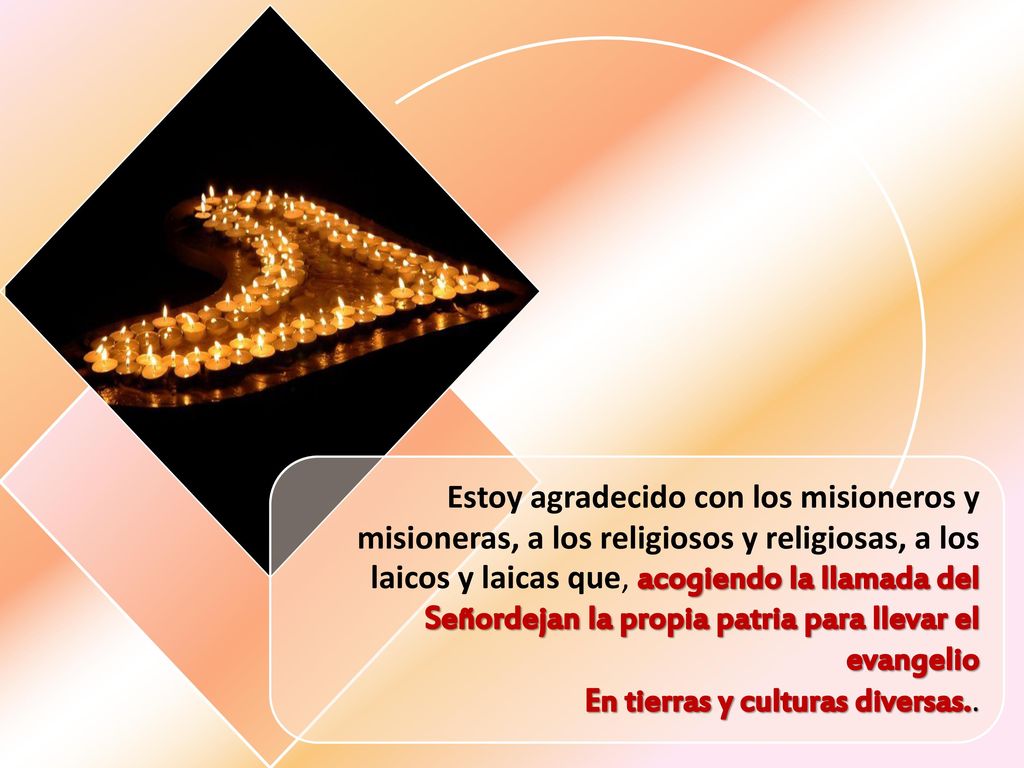 Estoy agradecido con los misioneros y misioneras, a los religiosos y religiosas, a los laicos y laicas que, acogiendo la llamada del Señordejan la propia patria para llevar el evangelio