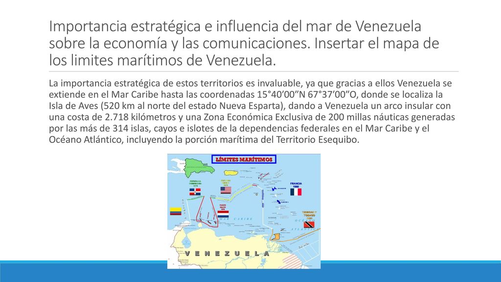 Importancia estratégica e influencia del mar de Venezuela sobre la economía y las comunicaciones. Insertar el mapa de los limites marítimos de Venezuela.