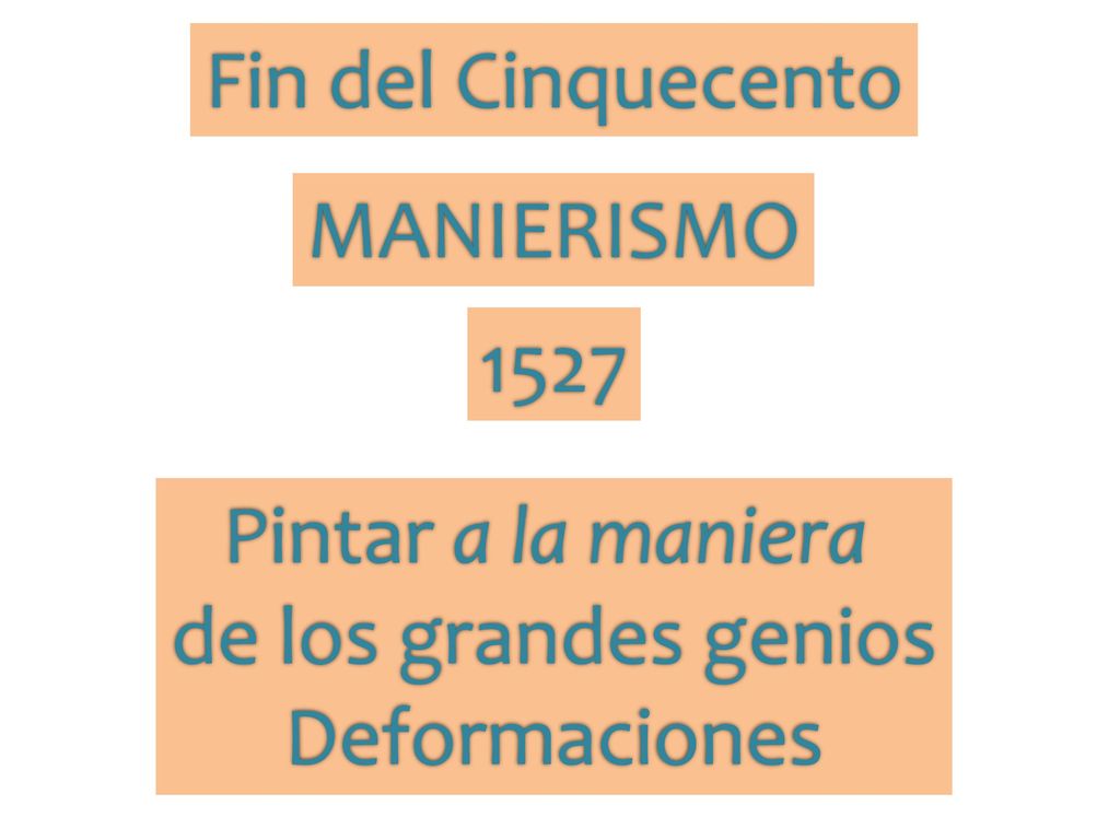 Fin del Cinquecento MANIERISMO 1527 Pintar a la maniera de los grandes genios Deformaciones