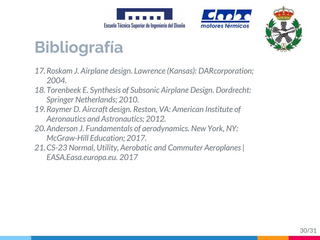 Bibliografía Roskam J. Airplane design. Lawrence (Kansas): DARcorporation;