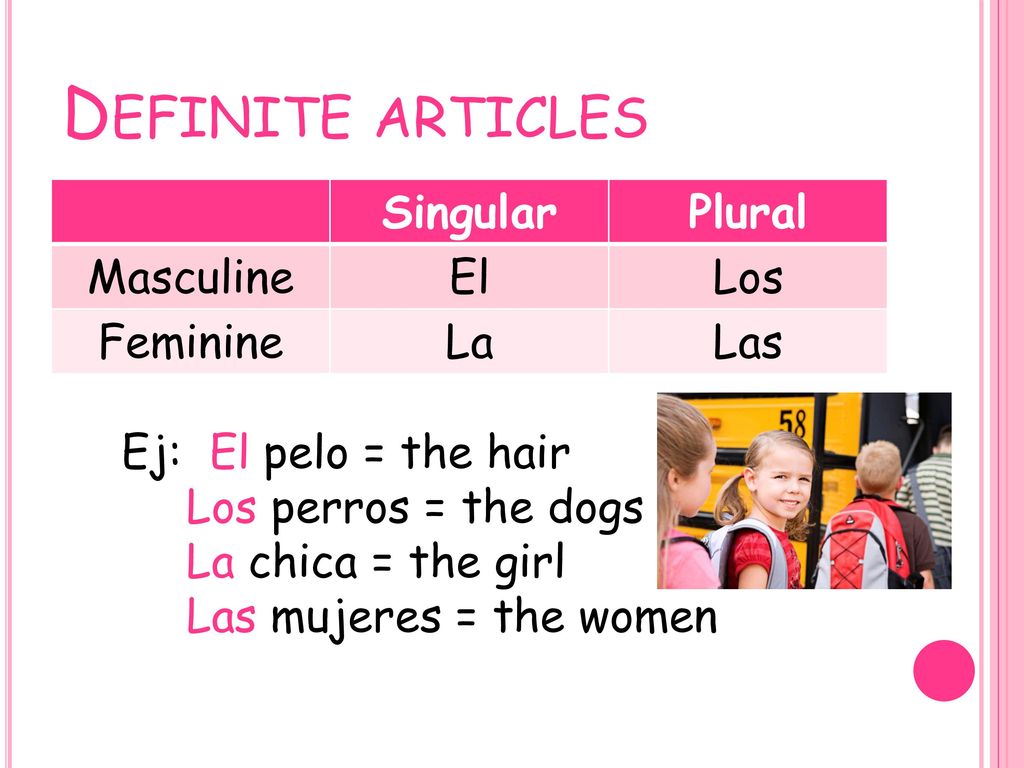 Definite articles Singular Plural Masculine El Los Feminine La Las