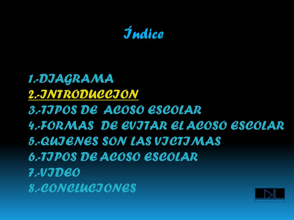 Índice 1.-DIAGRAMA 2.-INTRODUCCION 3.-TIPOS DE ACOSO ESCOLAR