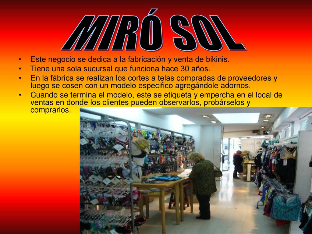 MIRÓ SOL Este negocio se dedica a la fabricación y venta de bikinis.