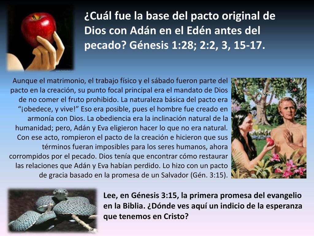 ¿Cuál fue la base del pacto original de Dios con Adán en el Edén antes del pecado Génesis 1:28; 2:2, 3,