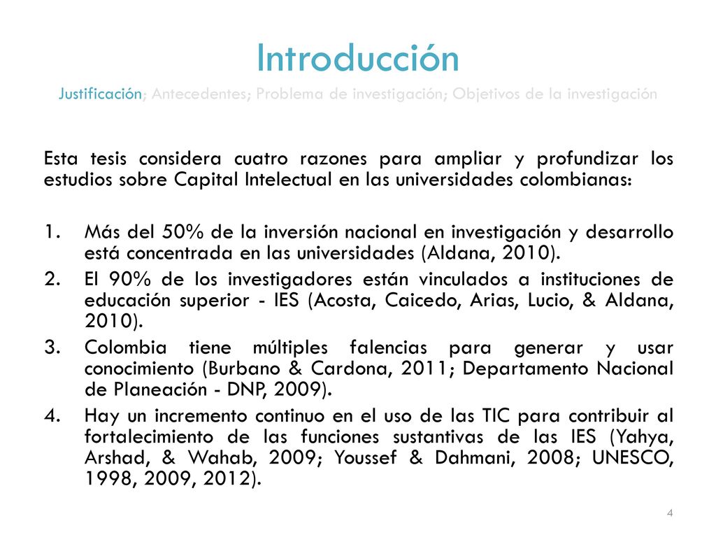 Introducción Justificación; Antecedentes; Problema de investigación; Objetivos de la investigación