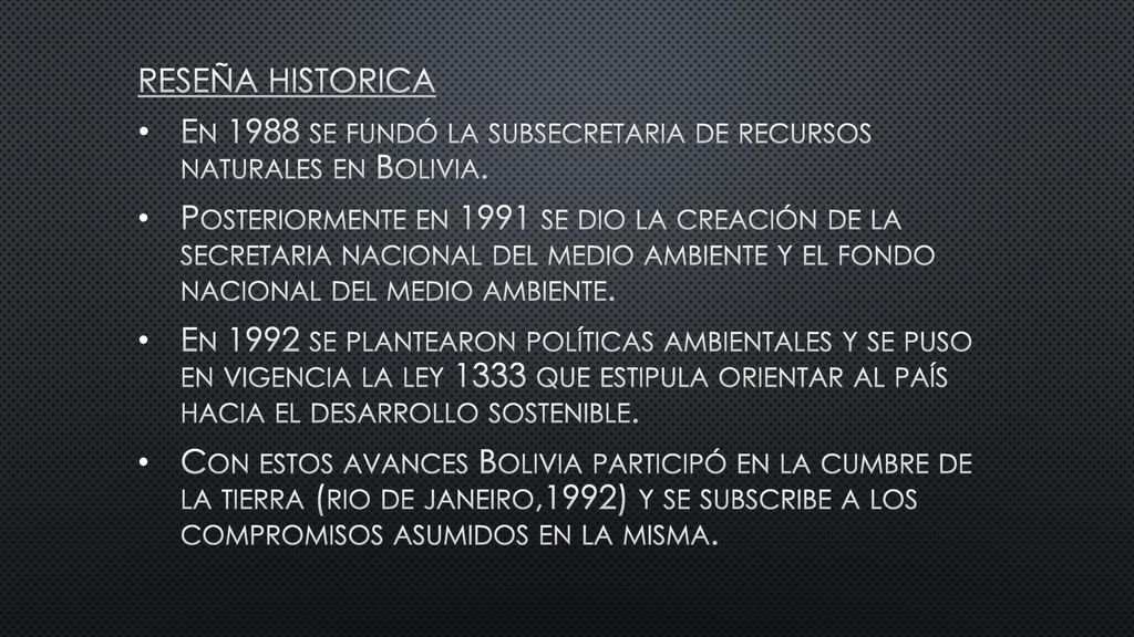 RESEÑA HISTORICA En 1988 se fundó la subsecretaria de recursos naturales en Bolivia.