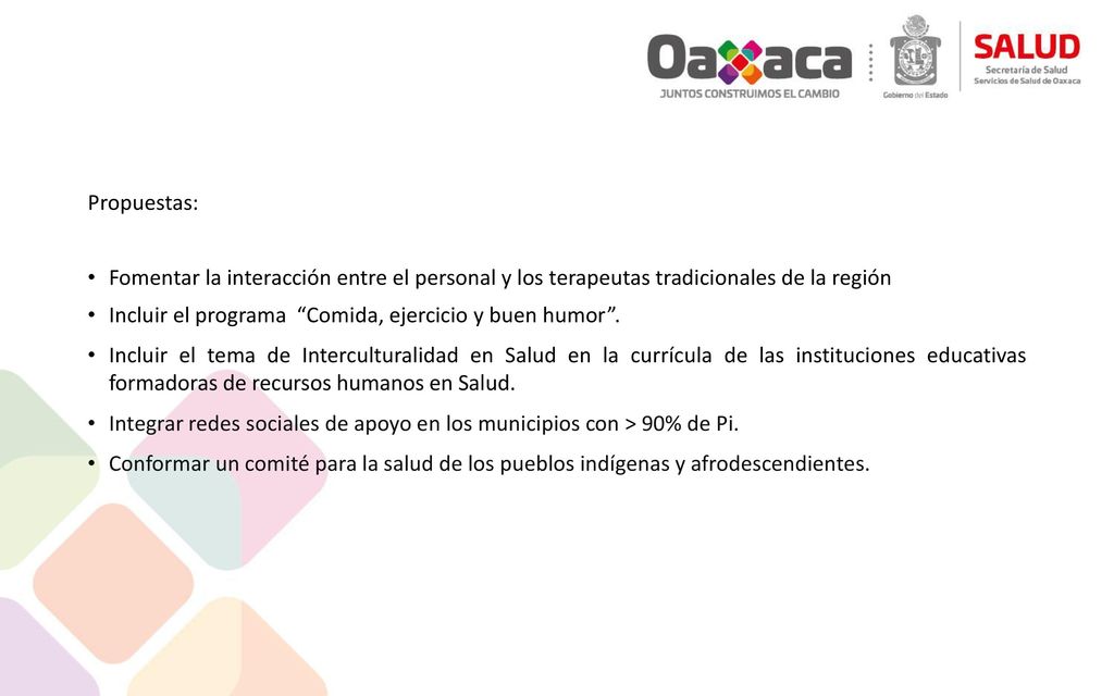 Propuestas: Fomentar la interacción entre el personal y los terapeutas tradicionales de la región.