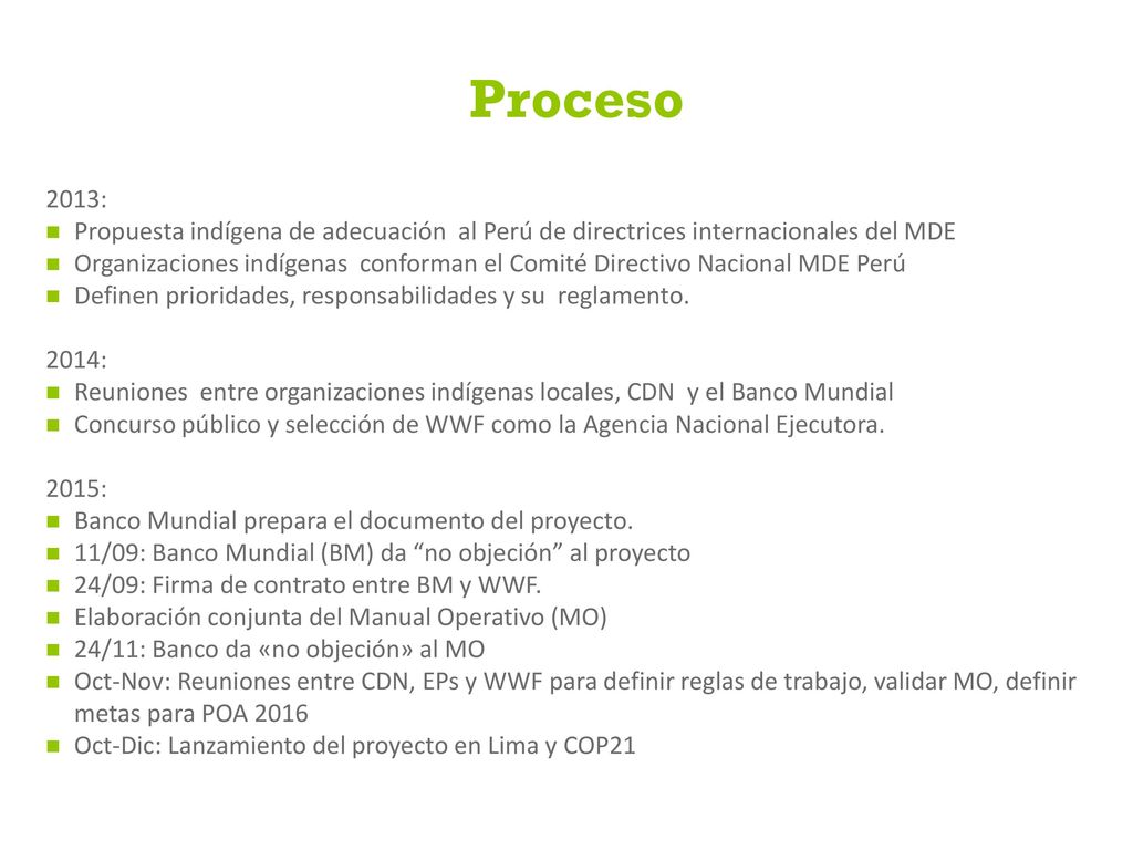Proceso 2013: Propuesta indígena de adecuación al Perú de directrices internacionales del MDE.