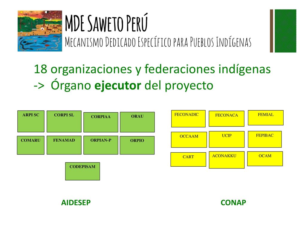 18 organizaciones y federaciones indígenas -> Órgano ejecutor del proyecto