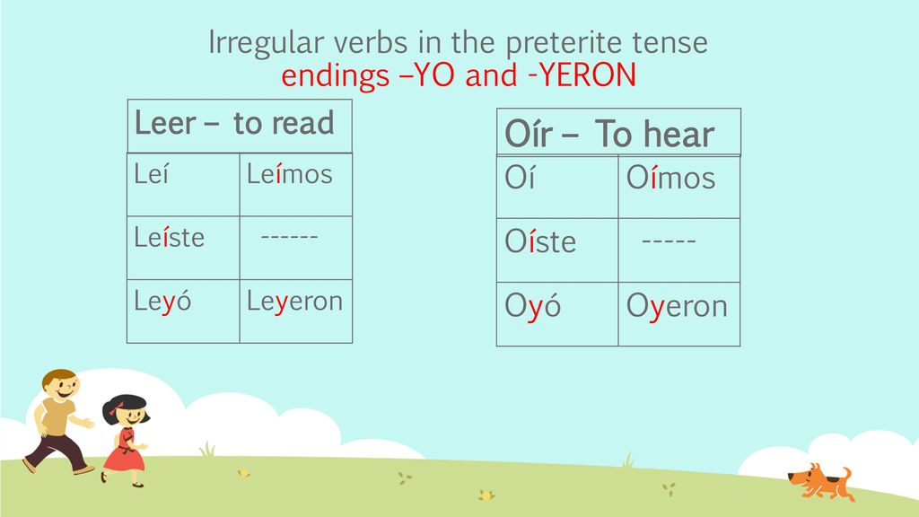 Irregular verbs in the preterite tense endings –YO and -YERON