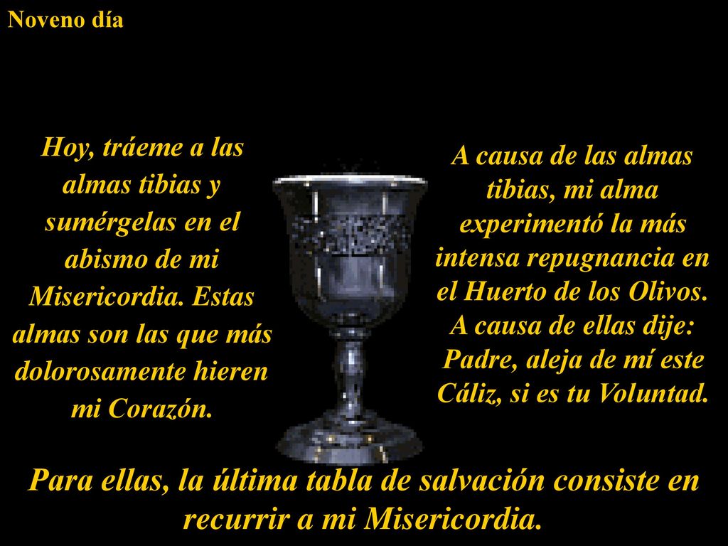 Noveno día Hoy, tráeme a las almas tibias y sumérgelas en el abismo de mi Misericordia. Estas almas son las que más dolorosamente hieren mi Corazón.