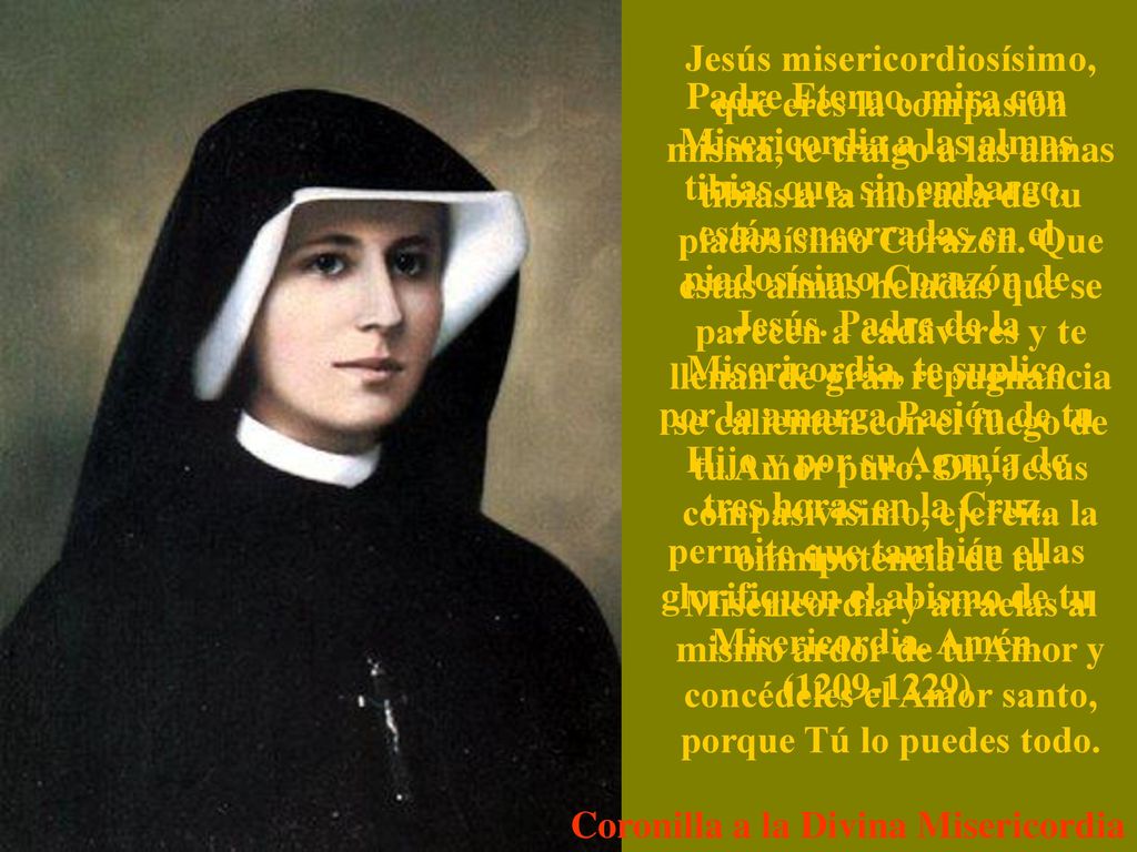 Jesús misericordiosísimo, que eres la compasión misma, te traigo a las almas tibias a la morada de tu piadosísimo Corazón. Que estas almas heladas que se parecen a cadáveres y te llenan de gran repugnancia se calienten con el fuego de tu Amor puro. Oh, Jesús compasivísimo, ejercita la omnipotencia de tu Misericordia y atráelas al mismo ardor de tu Amor y concédeles el Amor santo, porque Tú lo puedes todo.