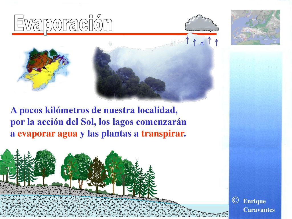 Evaporación A pocos kilómetros de nuestra localidad, por la acción del Sol, los lagos comenzarán a evaporar agua y las plantas a transpirar.