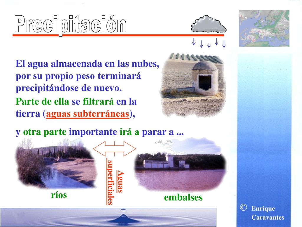Precipitación El agua almacenada en las nubes, por su propio peso terminará precipitándose de nuevo.