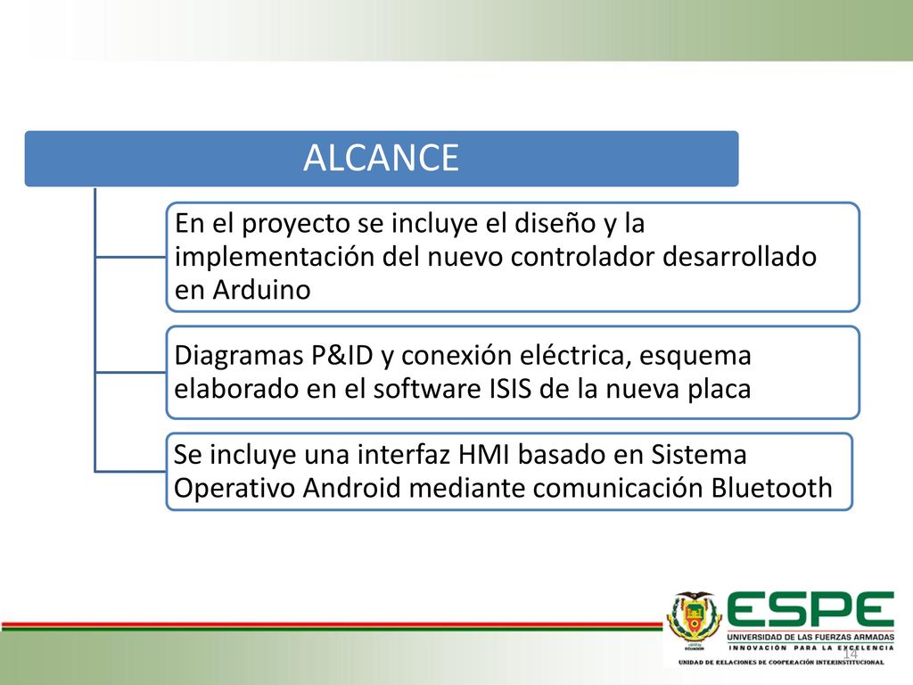 ALCANCE En el proyecto se incluye el diseño y la implementación del nuevo controlador desarrollado en Arduino.