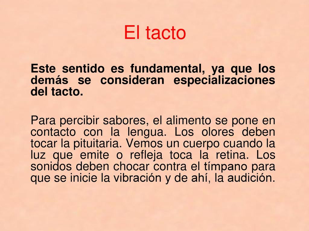 El tacto Este sentido es fundamental, ya que los demás se consideran especializaciones del tacto.