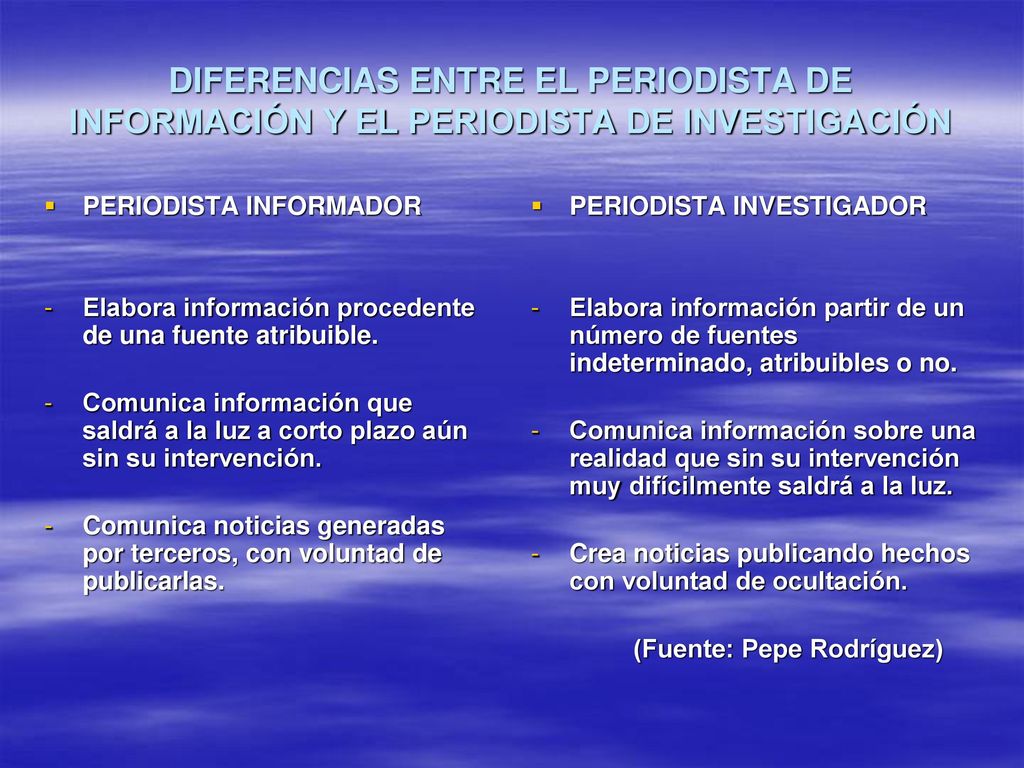 DIFERENCIAS ENTRE EL PERIODISTA DE INFORMACIÓN Y EL PERIODISTA DE INVESTIGACIÓN