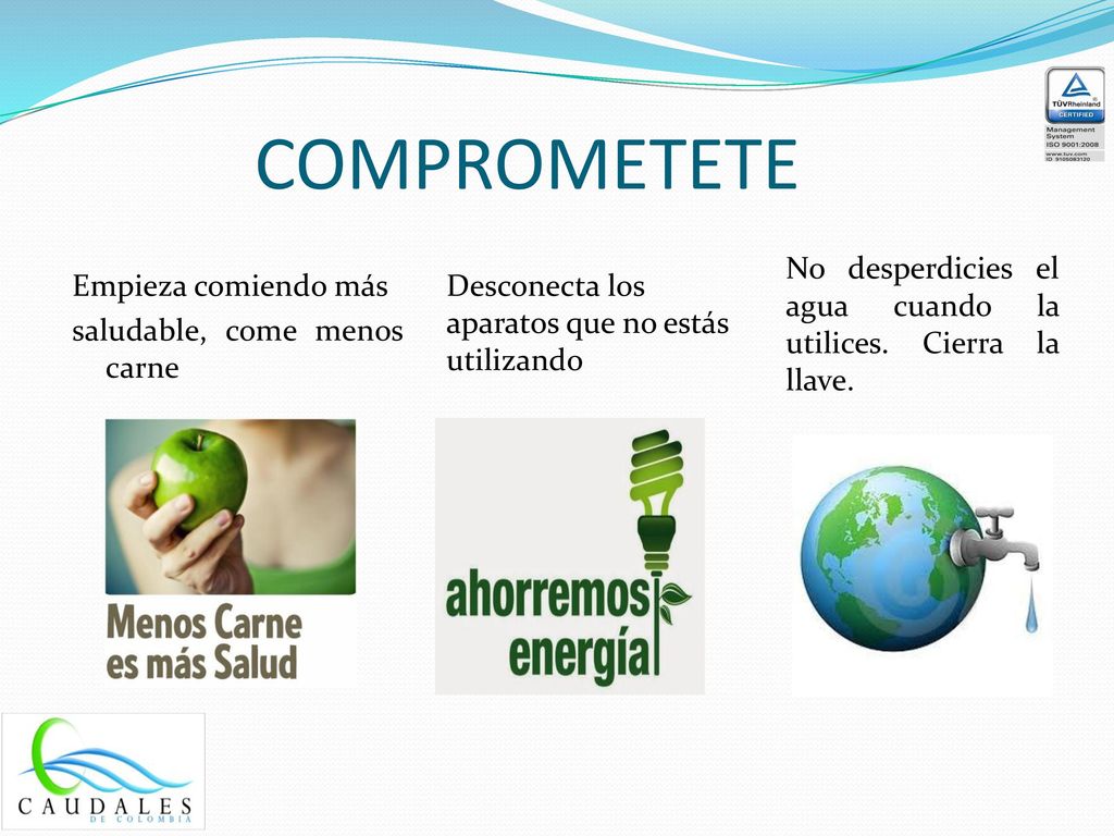 COMPROMETETE No desperdicies el agua cuando la utilices. Cierra la llave. Empieza comiendo más saludable, come menos carne