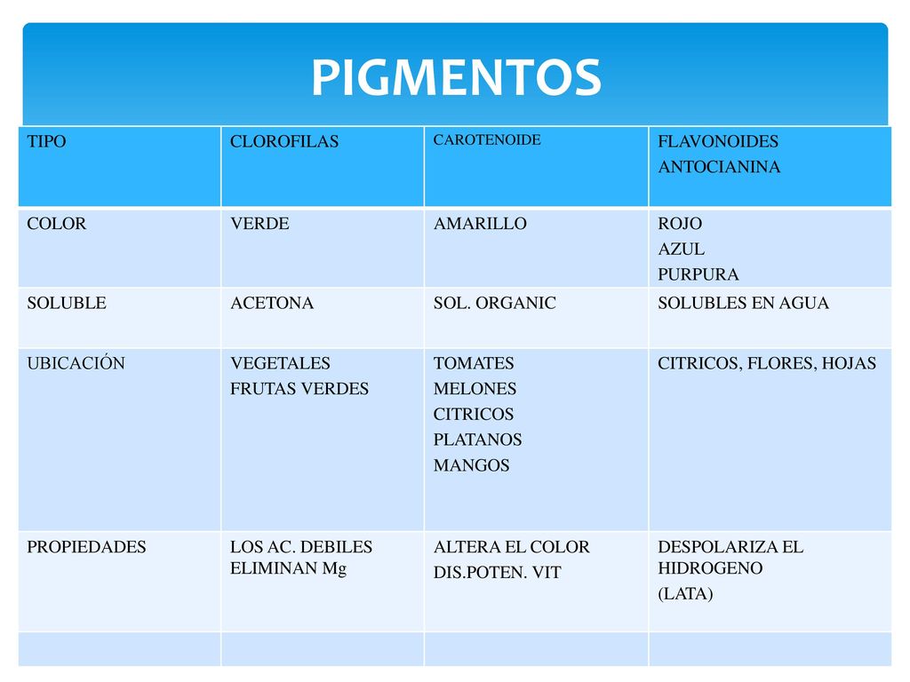 PIGMENTOS TIPO CLOROFILAS FLAVONOIDES ANTOCIANINA COLOR VERDE AMARILLO
