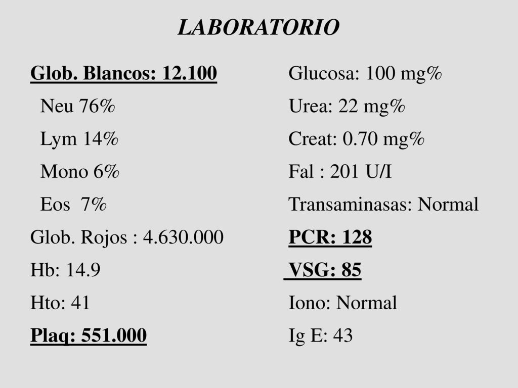 LABORATORIO Glob. Blancos: Neu 76% Lym 14% Mono 6% Eos 7%