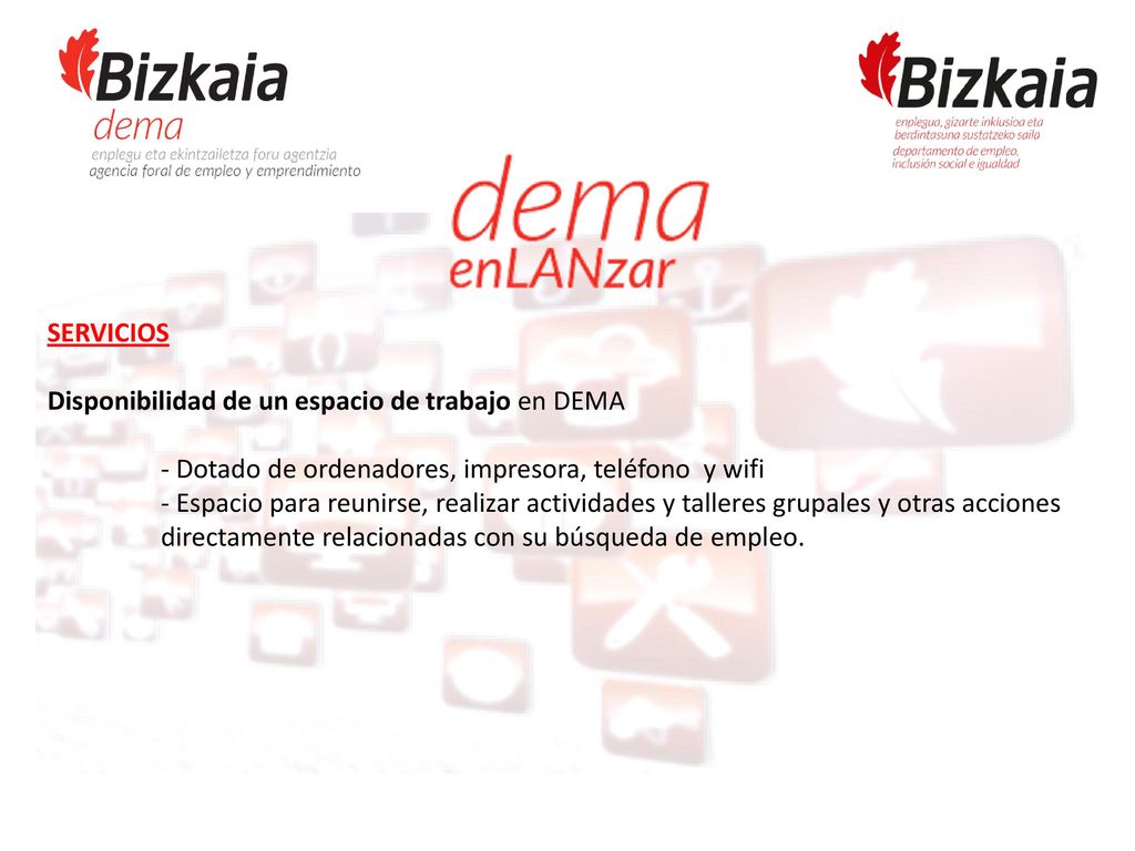 SERVICIOS Disponibilidad de un espacio de trabajo en DEMA. - Dotado de ordenadores, impresora, teléfono y wifi.