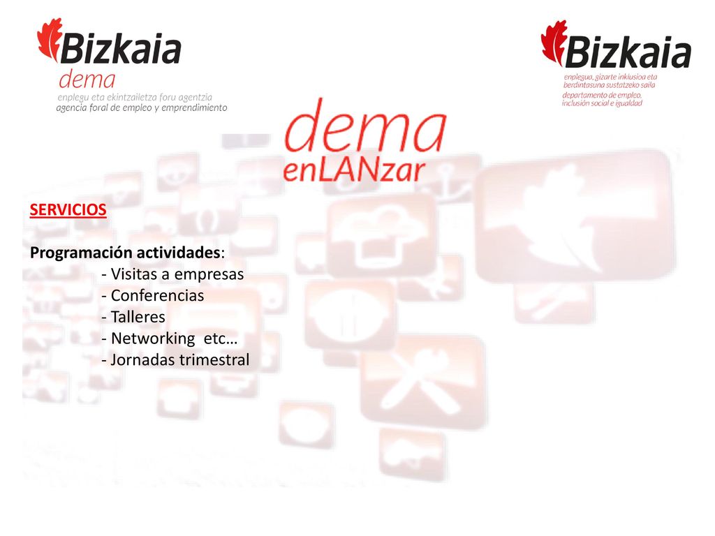 SERVICIOS Programación actividades: - Visitas a empresas. - Conferencias. - Talleres. - Networking etc…