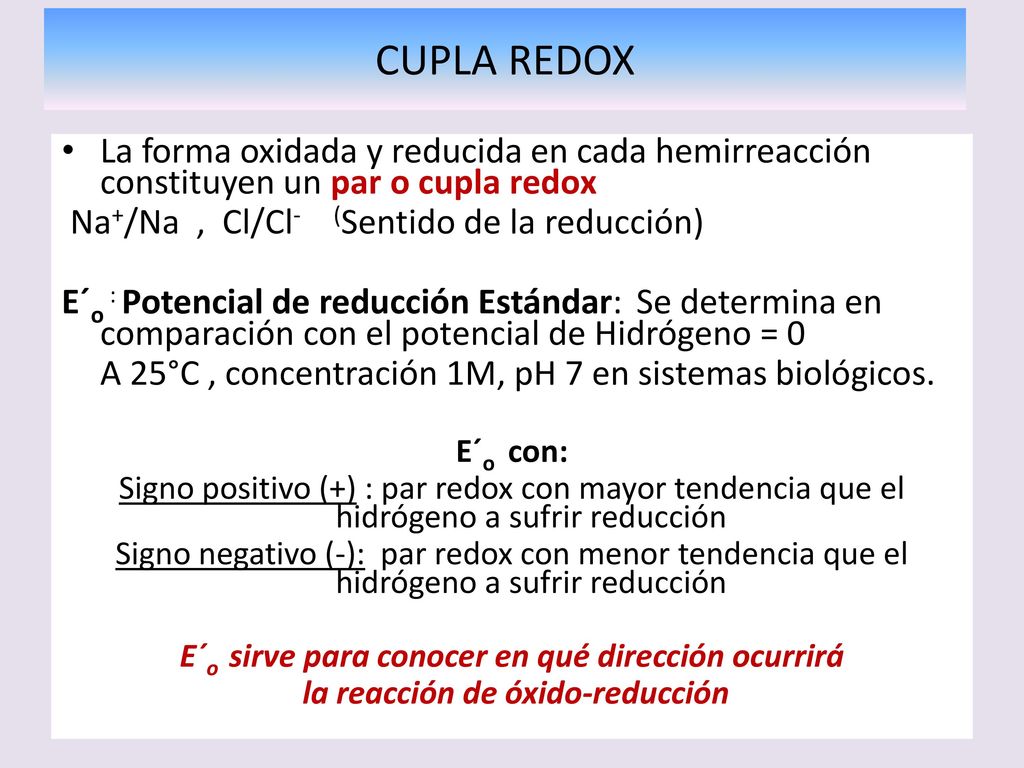 CUPLA REDOX La forma oxidada y reducida en cada hemirreacción constituyen un par o cupla redox. Na+/Na , Cl/Cl- (Sentido de la reducción)