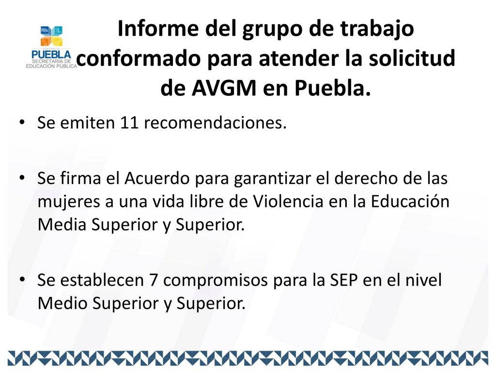 Informe del grupo de trabajo conformado para atender la solicitud de AVGM en Puebla.