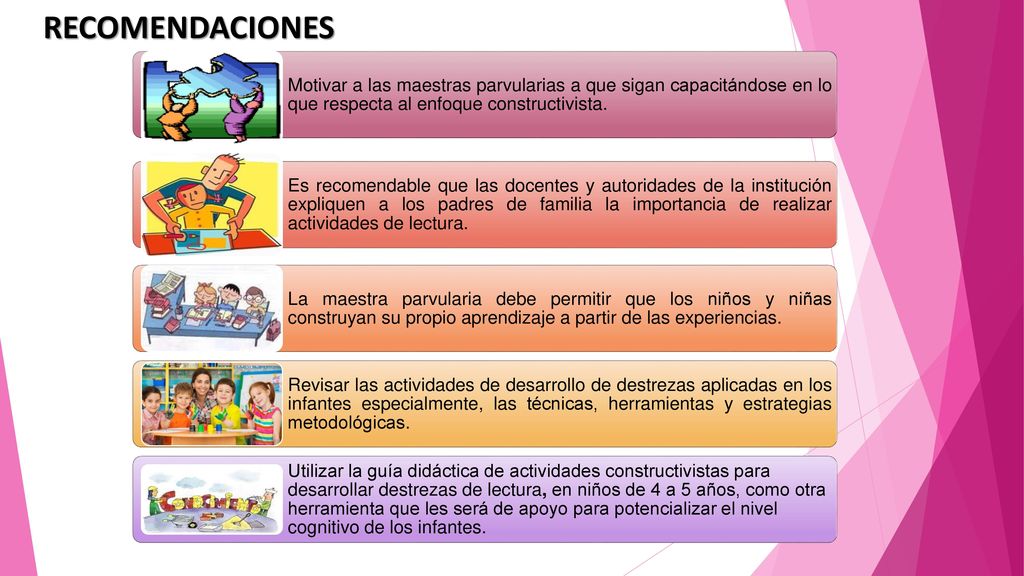 RECOMENDACIONES Motivar a las maestras parvularias a que sigan capacitándose en lo que respecta al enfoque constructivista.