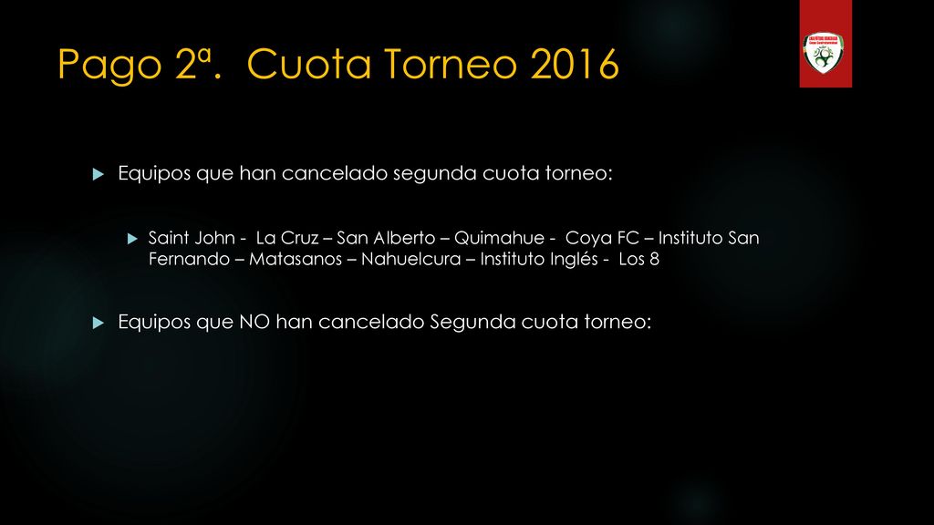 Pago 2ª. Cuota Torneo 2016 Equipos que han cancelado segunda cuota torneo: