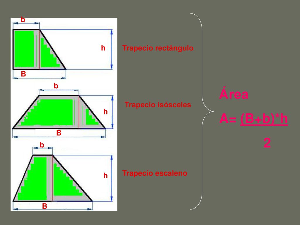 Área A= (B+b)*h 2 b h Trapecio rectángulo B b Trapecio isósceles h B b