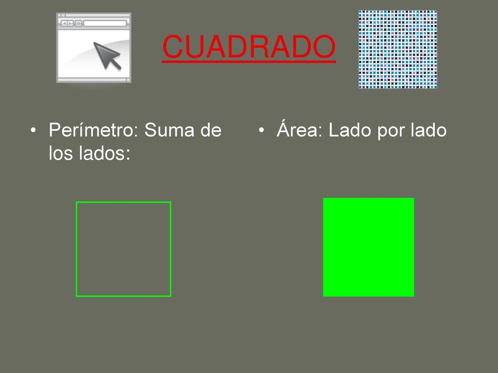 CUADRADO Perímetro: Suma de los lados: Área: Lado por lado