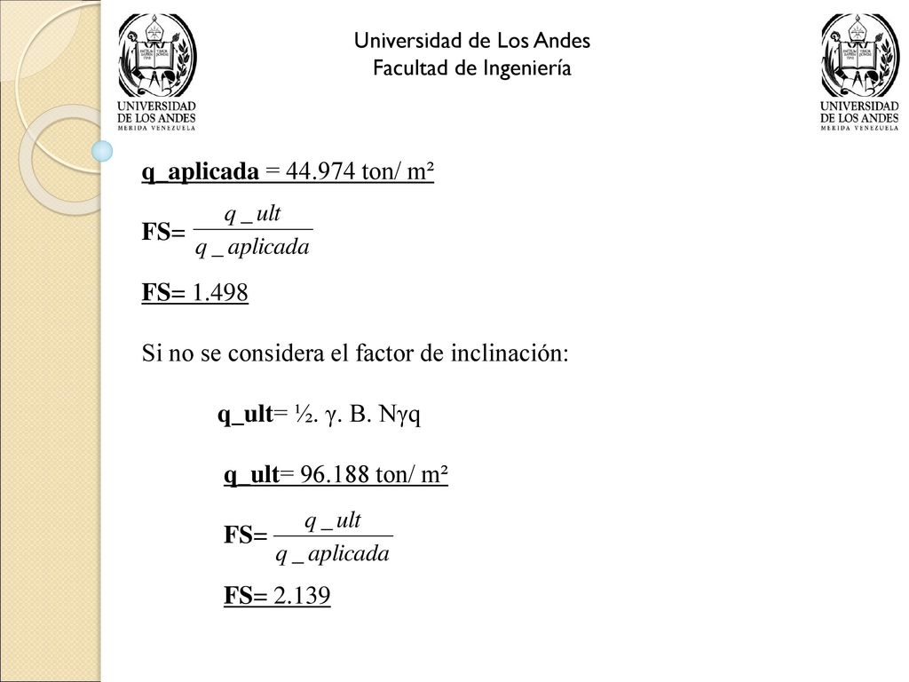 Si no se considera el factor de inclinación: q_ult= ½. γ. B. Nγq